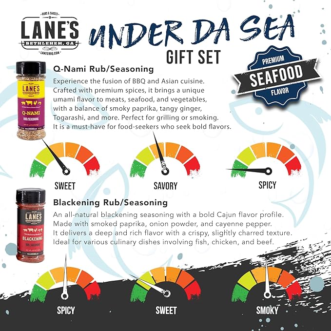 Lane's Under Da Sea Gift Set, All-Natural 4 Rubs Gift Set of Blackened Seasoning, Honey Sriracha Seasoning, Sweet Heat Rub, & Q-Nami Japanese Spices