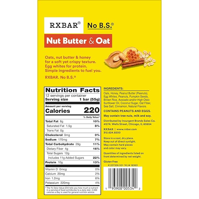 RXBAR Nut Butter and Oat Protein Bars, Protein Snacks, Snack Bars, Honey Cinnamon Peanut Butter, 23.2oz Box (12 Bars)