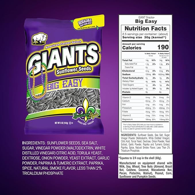 GIANTS Big Easy Sunflower Seeds - Sunflower Seeds to Eat, High Protein Snack, Smoky BBQ & Vinegar, Source of Vitamin E & Fiber Content - 5 oz Resealable Bags (Bulk Pack of 12)