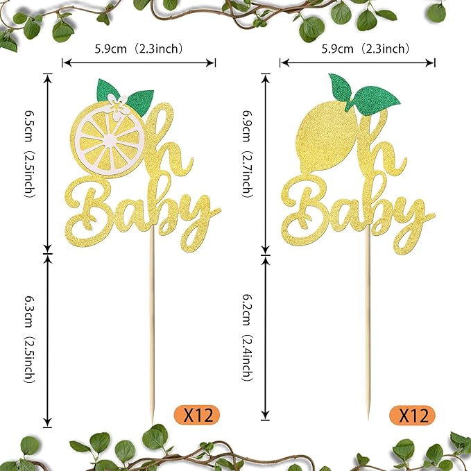 24 Pack Lemon Oh Baby Cupcake Toppers Glitter Baby Shower Cupcake Picks Summer Lemon Fruit Cake Decorations for Kids Birthday Theme Baby Shower Party Supplies