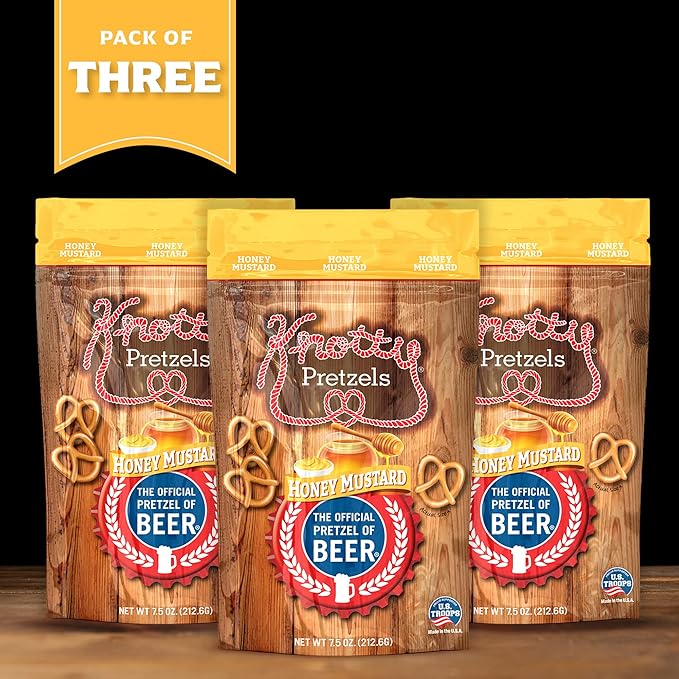 Knotty Pretzels - "The Official Pretzel of Beer" 7.5 Ounce Individual Seasoned Pretzel in Resealable Snack Bags - Honey Mustard (3 Pack)