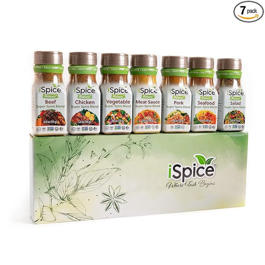 iSpice Salt Free Seasoning,100% Sodium Free Beef, Chicken, Meat Sauce, Pork, Vegetable, Salad and Seafood Seasonings Gift Sets 100% Fat Free| Pack of Different Seasoning Blend (7 Pack)