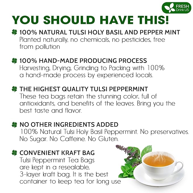 FreshDrinkUS, Premium Tulsi Peppermint Herbal Tea ??55 Tea Bags, 100% Natural, Blend of Tulsi Holy Basil Leaves, and Peppermint Leaves. Made with Natural Material Tea Bags. No Sugar, Vegan.