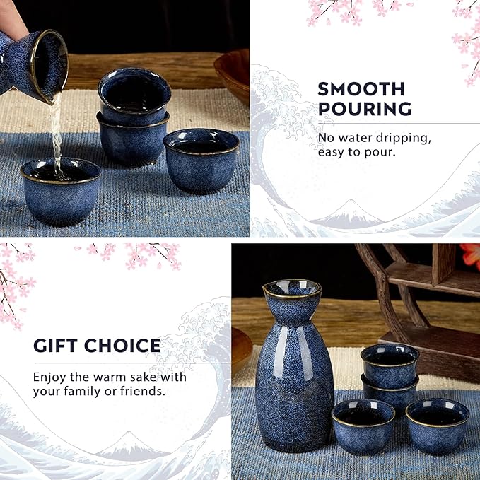 DUJUST 5 pcs Japanese Sake Set, Kiln Altered Glaze Porcelain Sake Set, 1 Bottle, 4 Cups & 1 Gift Box, Warm Carafe, Special Japanese Gift Set - darkblue