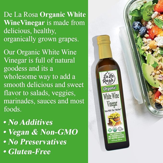 De La Rosa White Wine Vinegar, Raw & Unfiltered, with the “Mother”, Kosher for Passover, Vegan, Non-GMO & Gluten Free, Great for Salad Dressings, Marinades & More, Organic White Wine Vinegar, 16.9 Oz (Pack of 1)