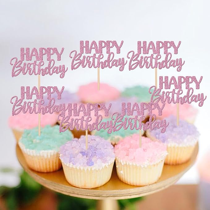 30 PCS Happy Birthday Cupcake Toppers Glitter Happy Birthday Cupcake Picks for Celebrating Birthday Anniversary Theme Party Cake Decorations Supplies Purple