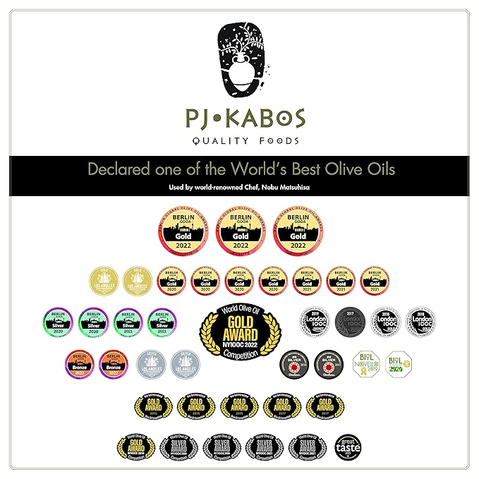 P.J. KABOS 2024/25 Harvest, Everyday Greek Extra Virgin Olive Oil, Kosher, Greece, Cold Extracted, 16.9 oz Tin, Koroneiki, "Chef's Selection Classic - Delicate" (3-Pack)