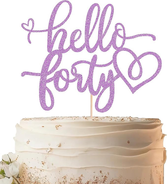 Hello Forty Cake Topper - Light Purple Glitter 40th Birthday Cake Decorating Supplies for Women, Hello 40 Cake Decor for 40th Birthday/Anniversary Party Photo Booth Props