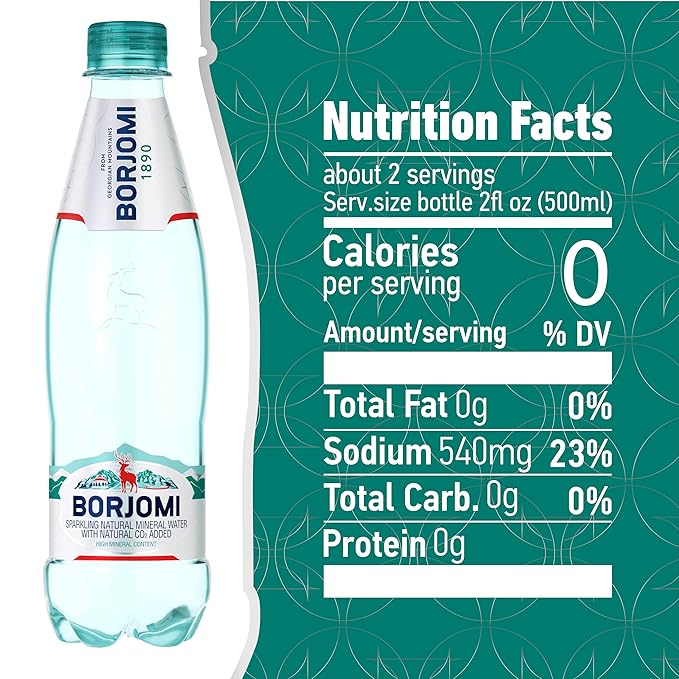 BORJOMI Sparkling Mineral Water, Bottled from Georgian Volcanic Springs, Naturally Carbonated, Plain, Unflavored, Plastic Bottles, 25.3 fl oz, 6 Pack