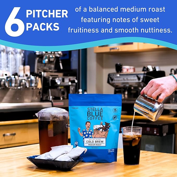 Stella Blue Cold Brew Coffee Packets, Electric Avenue Blend, Dark Roast Ground Coffee, Toffee, Dark Chocolate, and Subtle Smokey Notes, 100% Arabica, 6 Brew Packets, Makes 24 Bold Cups