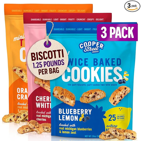 Cooper Street Cookies Twice Baked Italian Biscotti Cookies - Lemon Blueberry, Orange Cranberry and Cherry White Chunk | Crispy, Light and Healthy Cookies | Peanut & Dairy Free | 20oz | 3 Pack