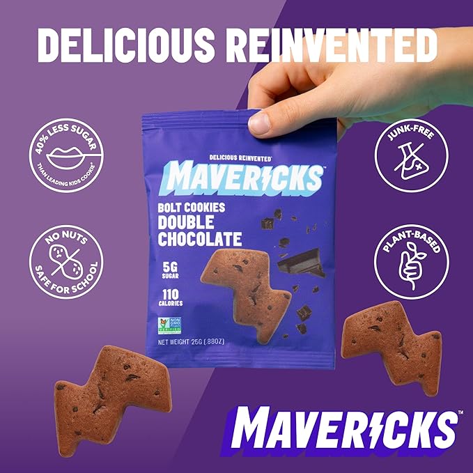 Mavericks Double Chocolate Bolt Cookies - Healthy Chocolate Chip Cookies, Plant-Based Snack for Kids, Nut Free, 40% Less Sugar - Back to School - 6 Boxes (48 Pouches)