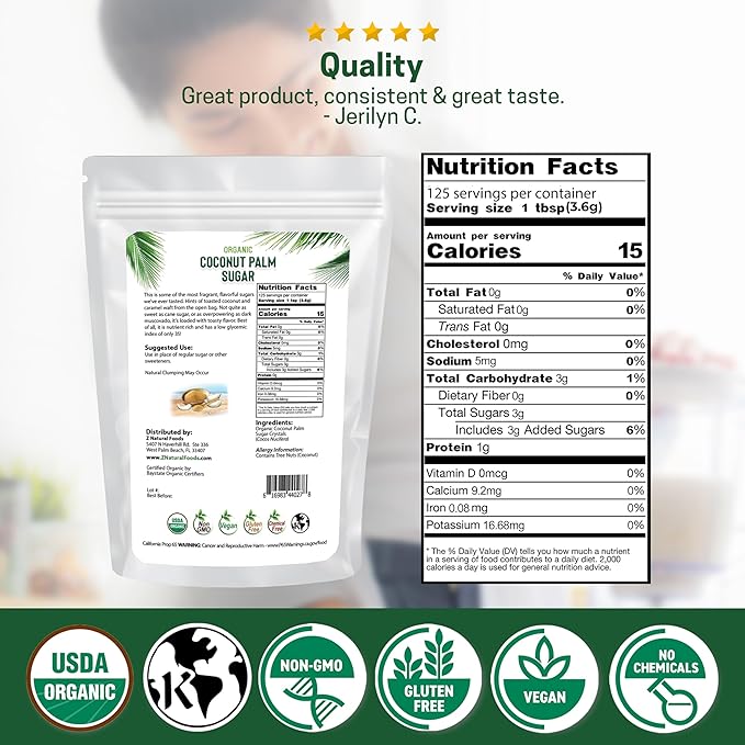 Z Natural Foods Organic Coconut Sugar - Nutrient-Dense, Flavorful & Unrefined Brown Coconut Sugar - Perfect for Tea, Coffee, Oatmeal, Deserts & Baking, Non-GMO, Vegan, Gluten-Free, 1 lb