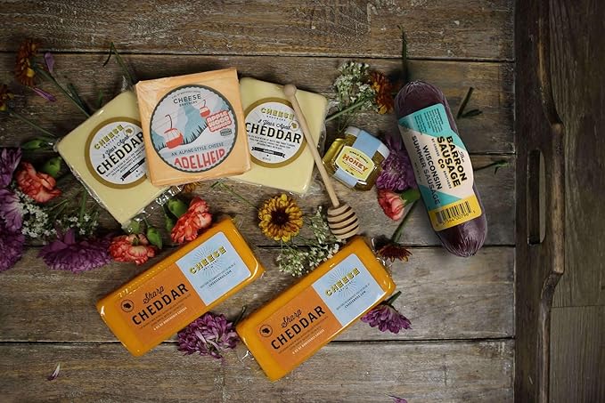 Cheese Bros "Hope You're Feeling Cheddar Soon" Gift Basket | Fresh from Wisconsin | Includes Signature Cheeses, Cheddars, Honey with Dipper, and Salami | Feel Better and Get Well Soon Gift