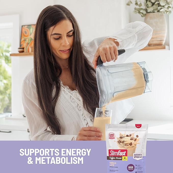 SlimFast High Protein Meal Replacement Powder, Caffeine Protein Powder, Energizing Protein Mix, Vitamin and Mineral Blend, Gluten Free, Coffee Flavored Protein Powder, Vanilla Latte, 21 Servings