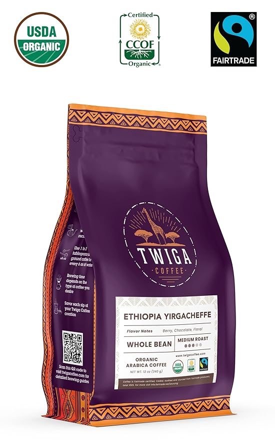Twiga Coffee Ethiopian Coffee Beans - Ethiopian Yirgacheffe Whole Bean, Organic Medium Roast Arabica with Rich Berry, Chocolate & Floral Flavor Notes, Single Origin, Fresh Roasted in Ethiopia, 12 oz