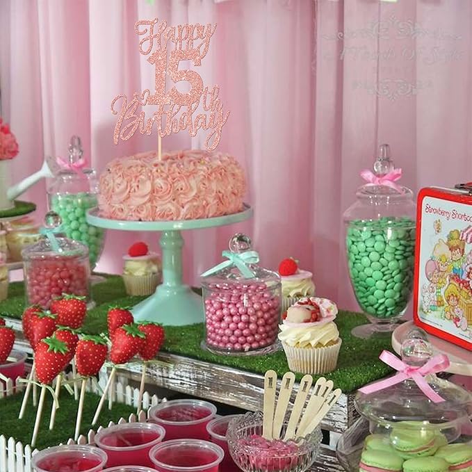 1 PCS Happy 15th Birthday Cake Topper Glitter Cheers to 15 Years Birthday Cake Pick Sweet 15 Fabulous Cake Decorations for Happy 15th Birthday Anniversary Theme Party Supplies Rose Gold