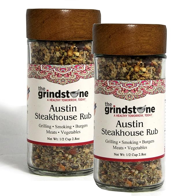 The Grindstone, Austin Steak Rub, Salt-Free dry rub for steaks, tacos, burgers, veggie burgers, stuffing, glass Jar with sifter, 2.8 oz, Pack of 2