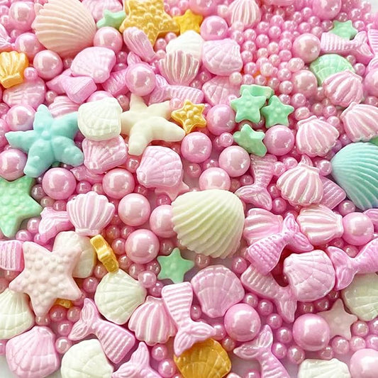 Sentovac Pink Mermaid Sprinkle Edible Decorating Ocean Sprinkles for Cake Cupcake Topper Cookie Baking Decorations Starfish Shell Pearl Mermaid Candy Mix Mermaid Party Birthday Cake Decorations