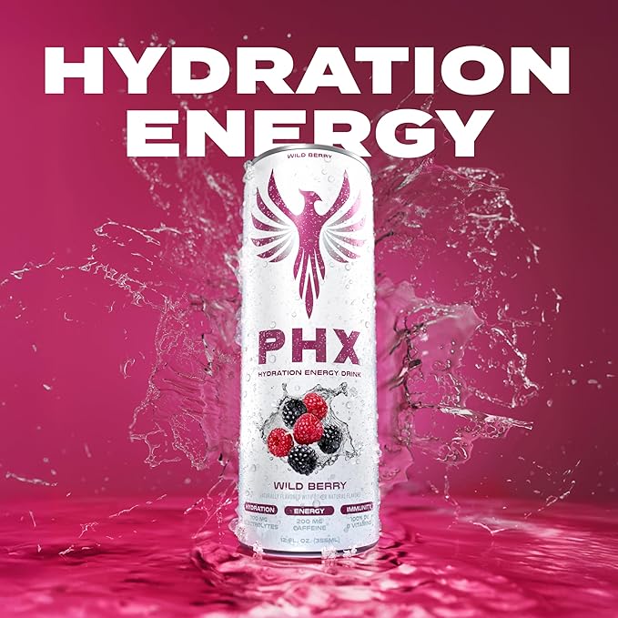PHX Hydration Energy Drink - 700mg Electrolytes, 200mg Natural Green Tea Caffeine, 100% Daily Value 8 Essential Vitamins - 12 oz Cans (12 Pack) (12 Pack, Wild Berry)