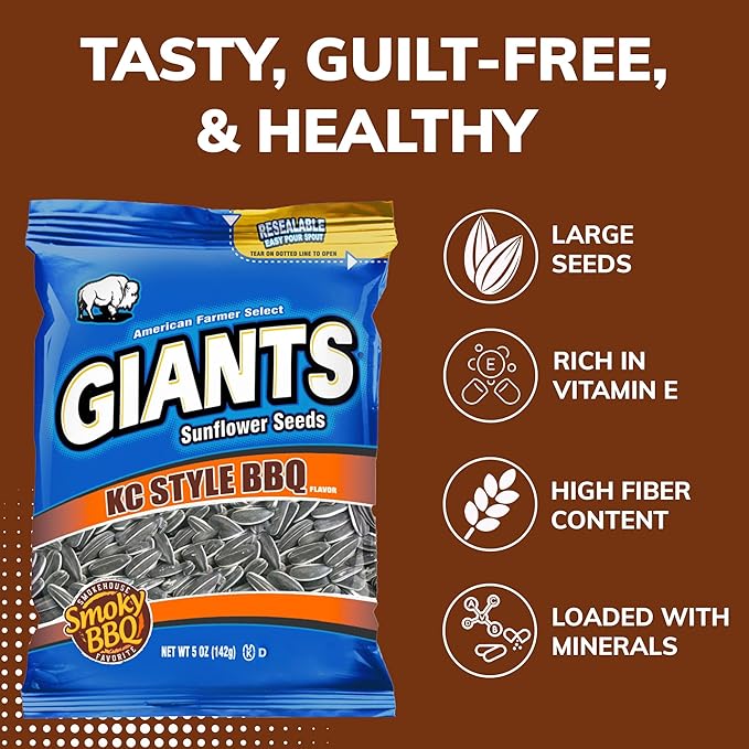 GIANTS KC Style BBQ Sunflower Seeds - Sunflower Seeds Bulk, Roasted Sunflower Seeds to Eat, BBQ Flavor, Healthy Snack with 8g Protein Per Serving - 5 oz Resealable Bags (Pack of 3)