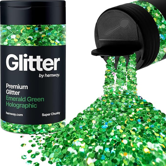 Hemway Premium Glitter Shaker - Emerald Green Holographic | Super Chunky Metallic Flake Sequins for Resin & Epoxy Crafts | Craft Supplies for Tumblers, Festival, Face, Body, Eye & Nail Art | 115 g