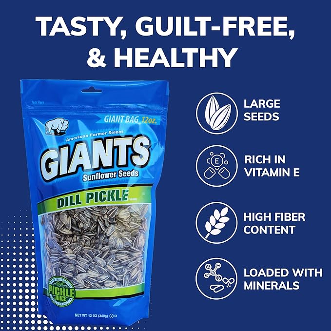 GIANTS Dill Pickle Sunflower Seeds - Sunflower Seeds Bulk, Big Sunflower Seeds to Eat, Roasted & Flavored for Eating, Pickle Sunflower Seeds, 8g Protein Per Serving - 12 oz Bag