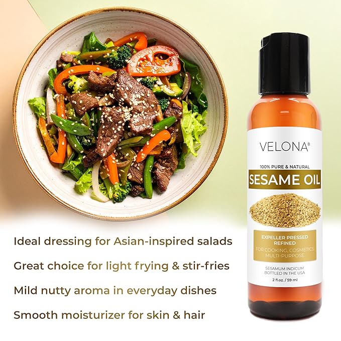Sesame Seed Oil by Velona - 2 fl oz | 100% Pure and Natural Carrier Oil | Refined, Expeller Pressed | Cooking, Skin, Hair, Body & Face Moisturizing | Use Today - Enjoy Results
