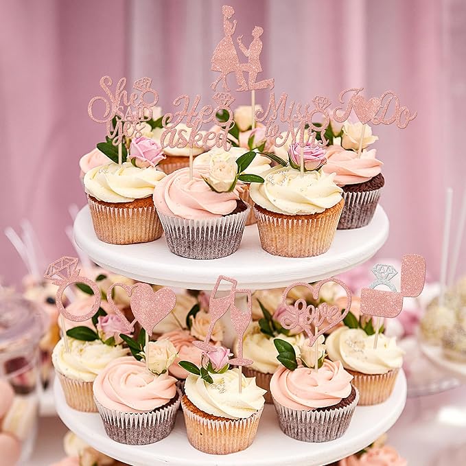 30 PCS He Asked She Said Yes Cupcake Toppers Glitter Wedding Engagement Cupcake Picks Miss to Mrs I Do Love Heart Ring Miss to Mrs Cake Decorations for Wedding Engagement Party Supplies Rose Gold