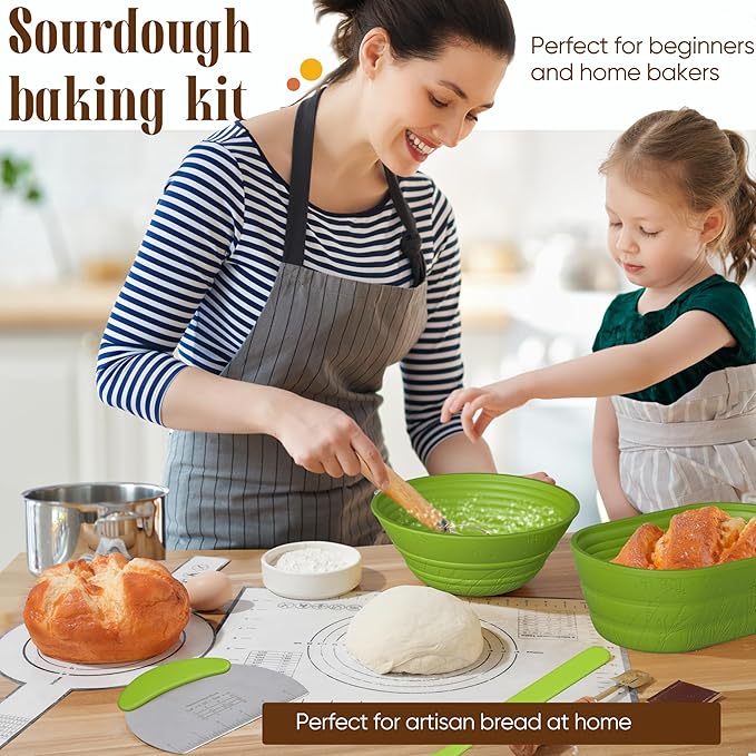 Sourdough Starter Kit with Jar ??Complete Sourdough Bread Baking Supplies for Beginners, Includes 2 Silicone Proofing Baskets Baking Mat Sour Dough Kit - Green