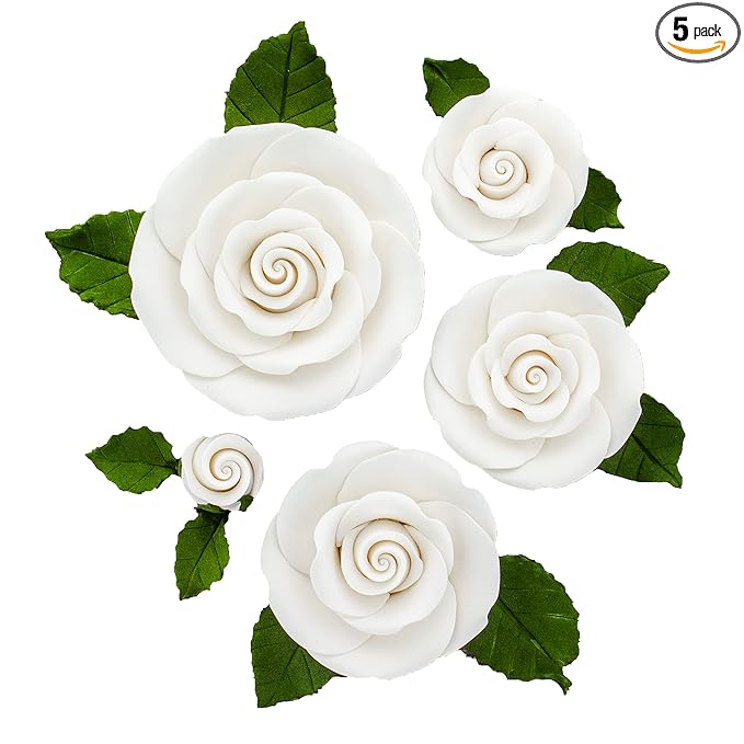Global Sugar Art Exquisite Rose & Leaf Tray Edible Sugar Cake Flowers, White Unwired, 5 Count by Chef Alan Tetreault