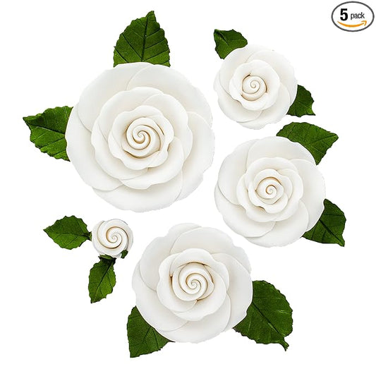 Global Sugar Art Exquisite Rose & Leaf Tray Edible Sugar Cake Flowers, White Unwired, 5 Count by