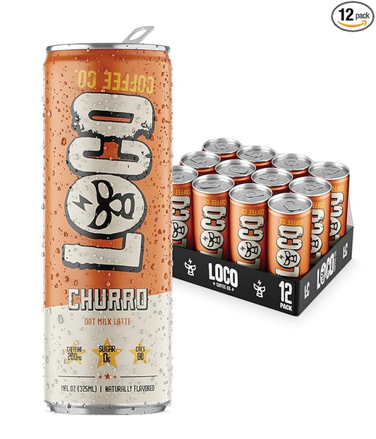 Loco Coffee Churro Latte 11 Ounce Can, 12 Count | Zero Sugar, 200mg Caffeine | Gluten Free and Dairy Free | Low Calorie Iced Coffee