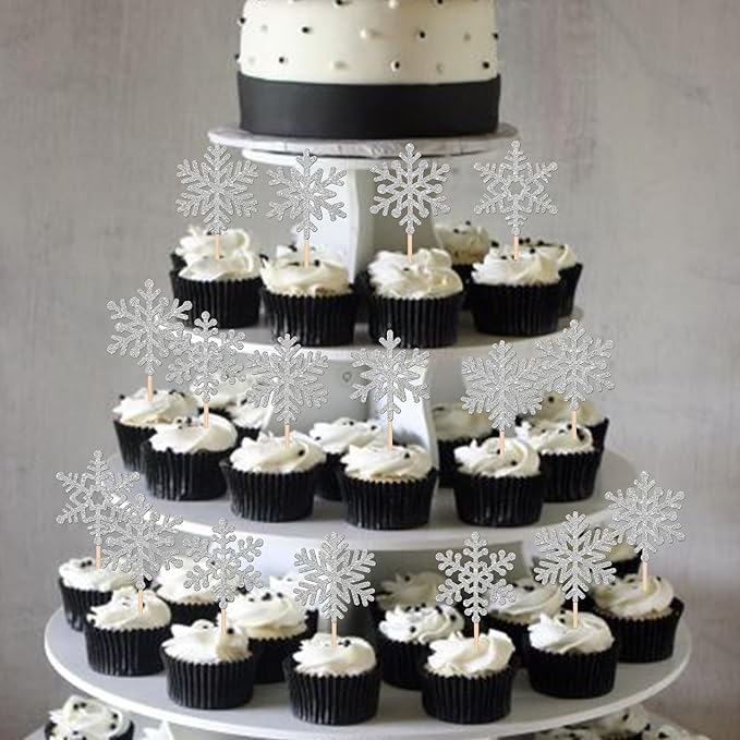 24 PCS Snowflake Cupcake Toppers Glitter Frozen Snowflake Cupcake Picks Winter Wonderland Cake Decorations for Winter Frozen Theme Baby Shower Kids Birthday Christmas Party Supplies Silver