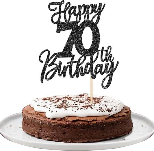 1 PCS Happy 70th Birthday Cake Topper Glitter Cheers to 70 Years Birthday Cake Pick Seventy Hello 70 Fabulous Cake Decoration for Happy 70th Birthday Anniversary Party Decorations Supplies Black