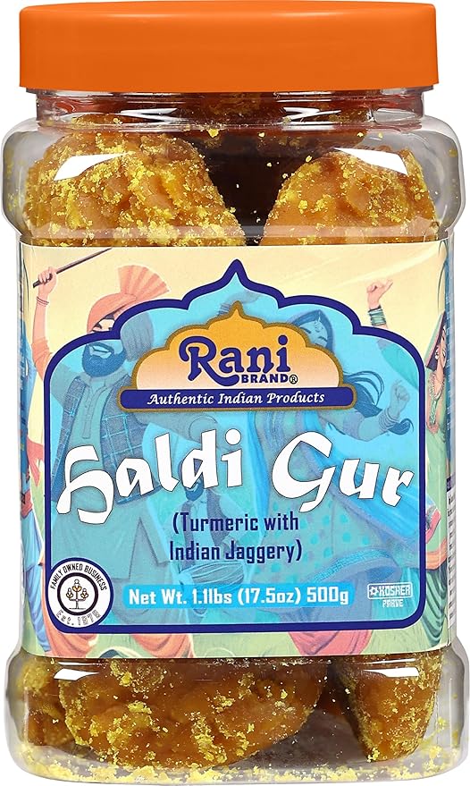Rani Haldi Gur (Turmeric with Indian Jaggery) Indian Unrefined Raw Cane Sugar 17.5oz (1.1lbs) 500g PET Jar ~ Gluten Friendly | Vegan | NON-GMO | Kosher | No Salt or fillers | Indian Product