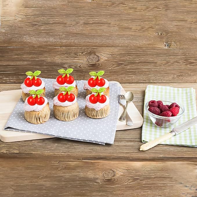 30 Pack Cherry Birthday Cupcake Toppers Red Glitter Cherry Cupcake Picks for Fruit Baby Shower Kids 1st Birthday Summer Cake Decorations Party Supplies