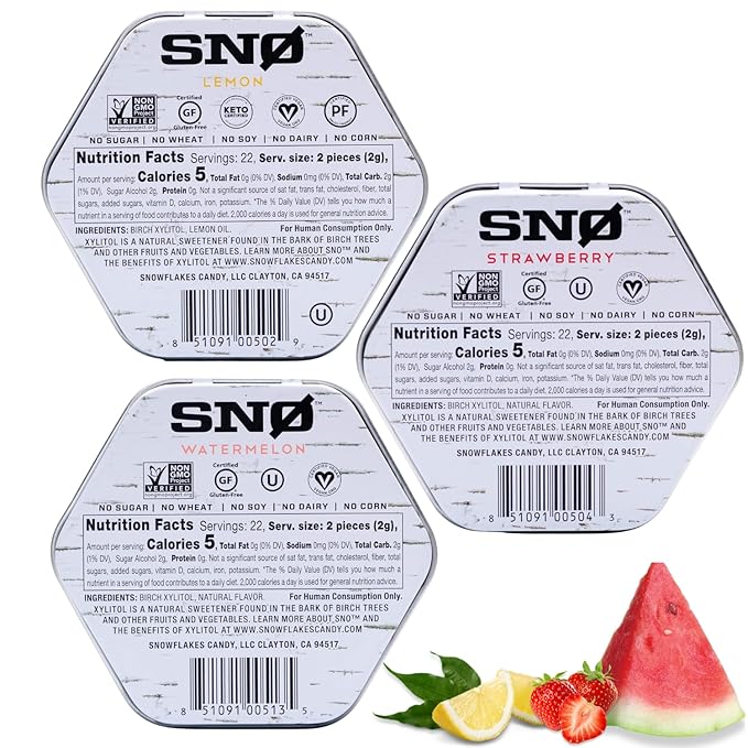 SNØ Fruity Assortment Xylitol Candy Chips (3-Pack) - SNØ 1.5oz Tin - Sugar-Free Candy | Pure Birch Xylitol | Low-Carb, Diabetic-Friendly | Vegan, Non-GMO, Gluten-Free Kosher, Keto-friendly