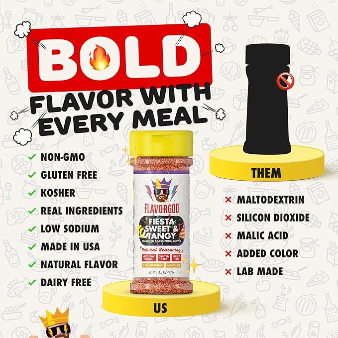Fiesta Sweet & Tangy Seasoning Mix by Flavor God - Premium All Natural & Healthy Spice Blend for Salad, Pasta, Chicken & Seafood - Kosher, Low Sodium, Dairy-Free, Vegan & Keto Friendly
