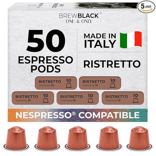BrewBlack Ristretto Coffee Capsules - 50 Aluminum Coffee Pods Compatible with Nespresso Original line, Medium Roast - Intensity 10/12, Made in Italy