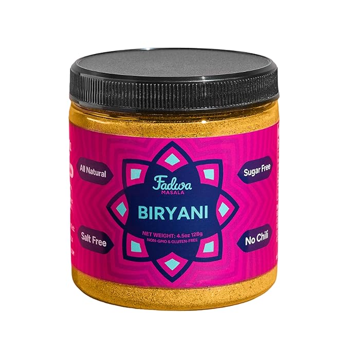 Fadwa Masala Biryani Spice Mix - 4.5 oz Jar, Salt & Sugar Free, Non-Spicy Authentic Desi Spices for Pakistani & Indian Cooking, Curry, Garam Masala - No Artificial Ingredients - Gluten Free