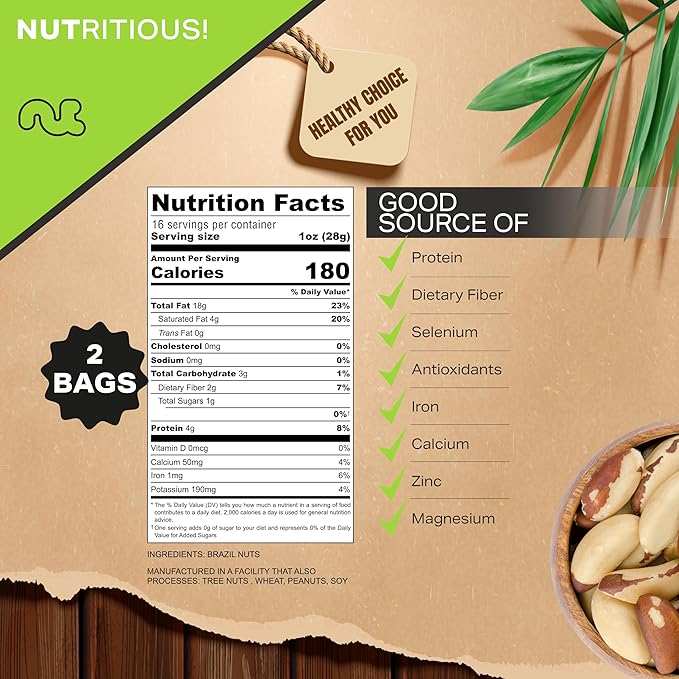 NUT CRAVINGS - Raw Brazil Nuts, Unsalted, No Shell, Whole, (16oz - 2 Pack) Bulk Nuts Packed Fresh in Resealable Bag - Kosher Healthy Snack, Food Assortments