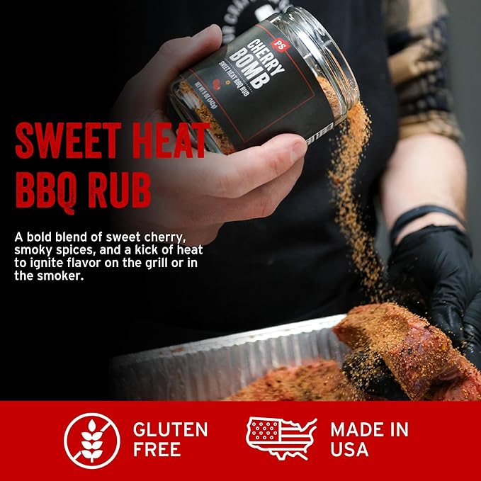 PS Seasoning Cherry Bomb Dry Rub - Sweet Heat BBQ Seasonings and Rubs for Smoking, Grilling, Baking - Smoky Cherry Rub - BBQ Rubs and Spices for Grilling Ribs, Pulled Pork, Chops, Salmon, Wings, 5oz