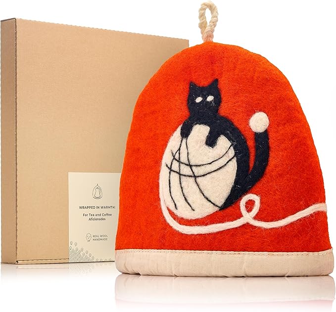Tea Cozy for Teapot Large - Keep Your Brew Warm and Stylish with This Felted Tea Cosy, Enhancing Flavor and Aesthetics - Fits 6-Cup Teapot & 34oz French Press (Black cat, red)