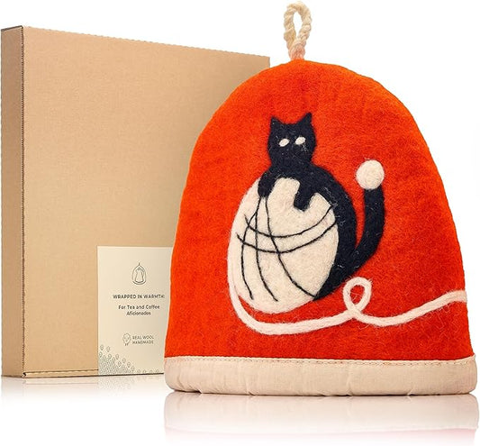 Tea Cozy for Teapot Large - Keep Your Brew Warm and Stylish with This Felted Tea Cosy, Enhancing Flavor and Aesthetics - Fits 6-Cup Teapot & 34oz French Press (Black cat, red)