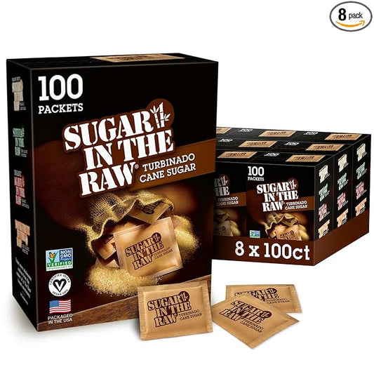 Sugar In The Raw Turbinado Cane Sugar Packets, 100 Ct Box, 8 Pack, Pure, All-Natural Turbinado Sugar, Non-GMO Project Verified, Kosher, Vegan and Gluten Free