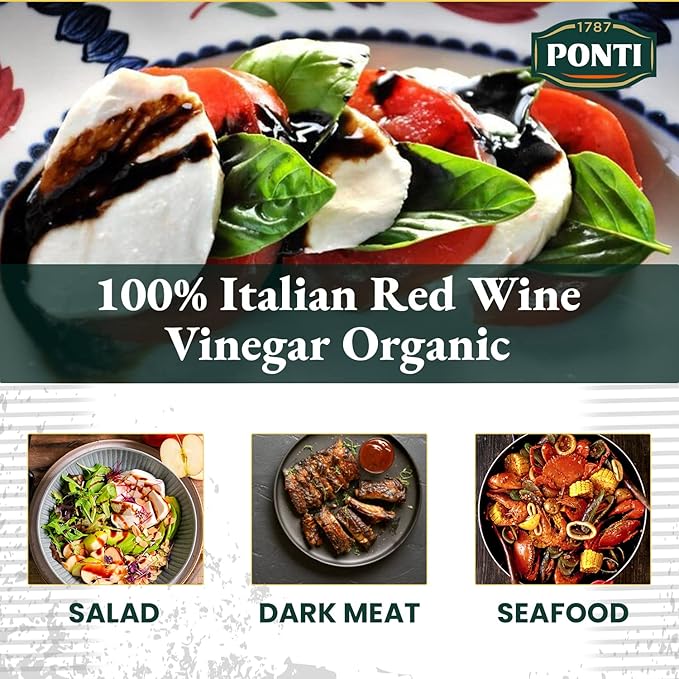 1787 PONTI Organic 100% Italian Red Wine Vinegar - Balanced Acidity and Harmonious Bouquets - Delicious with all Types of Salads, Seafood and Dark Meats - A Wonderful Addition to Baked Dishes - 16.9 Fl.Oz