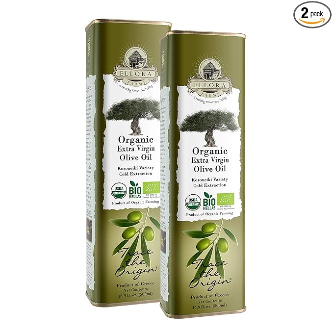 Ellora Farms, Organic Extra Virgin Olive Oil, Cold Press, Traceable Single Origin, Kosher, High Polyphenols, 17 oz. tin, Pack of 2