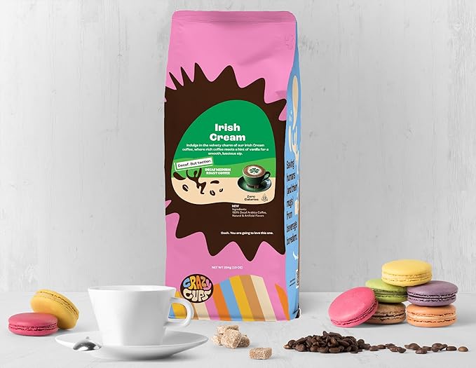 Crazy Cups Decaf Flavored Ground Coffee, Decaffeinated Irish Cream Coffee in 10 oz Bag, For Brewing Hot or Iced