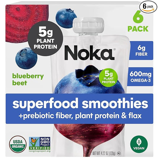 Noka Superfood Fruit Smoothie Pouches, Blueberry Beet, Healthy Snacks with Flax Seed, Plant Protein and Prebiotic Fiber, Vegan and Gluten Free Snacks, Organic Squeeze Pouch, 4.22 oz, 6 Count